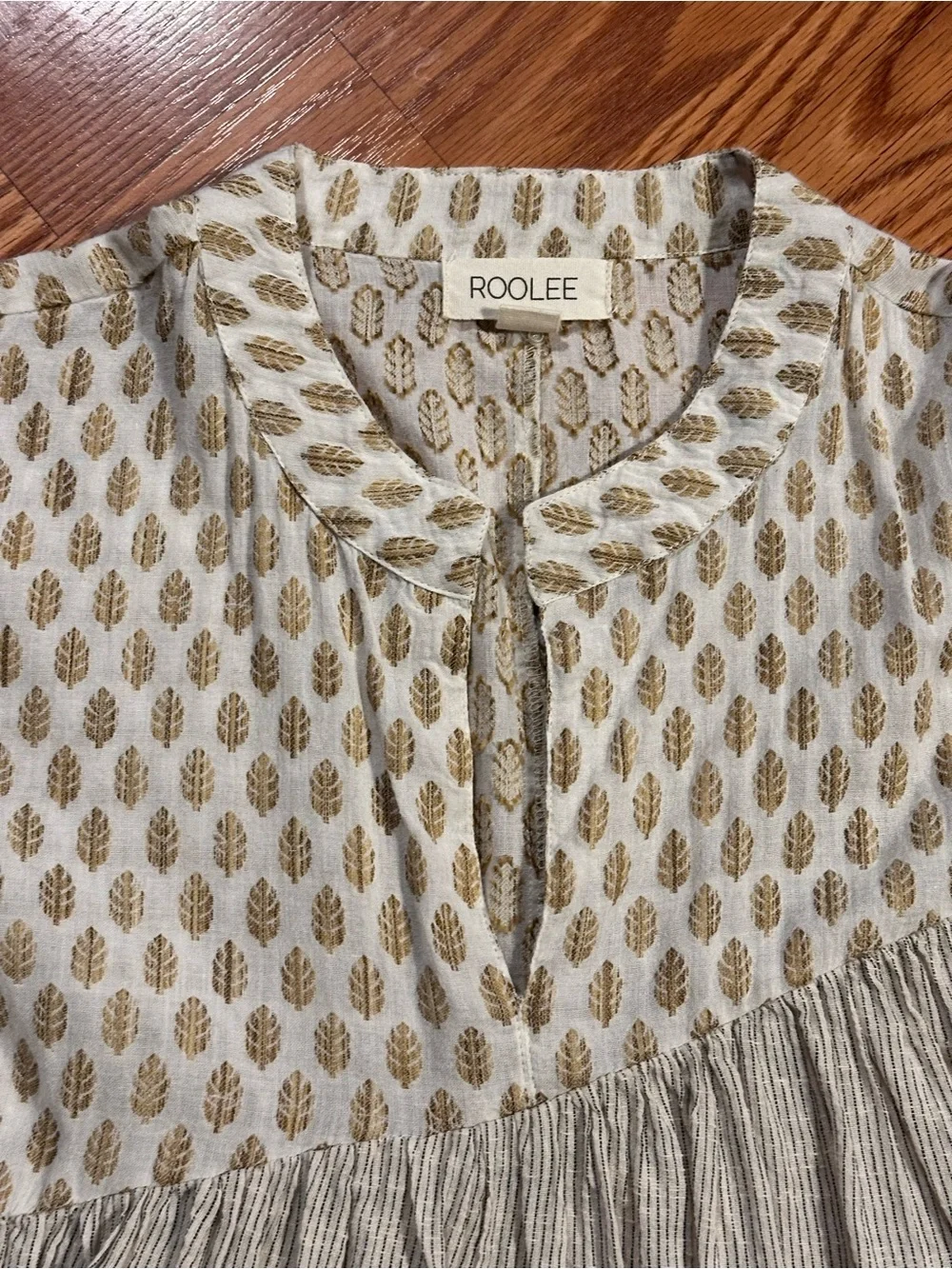 Roolee Cotton Cream with stripes and leaf Print Tiered Peasant Blouse size M - Picture 4 of 11